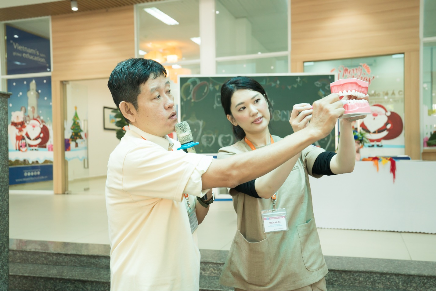 Practicing oral care skills with Japanese dentists