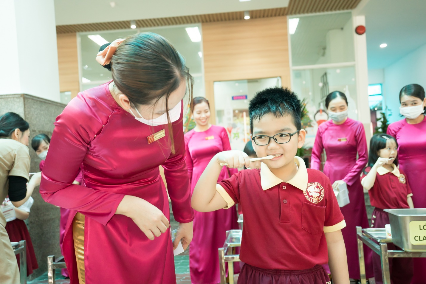 Practicing oral care skills with Japanese dentists