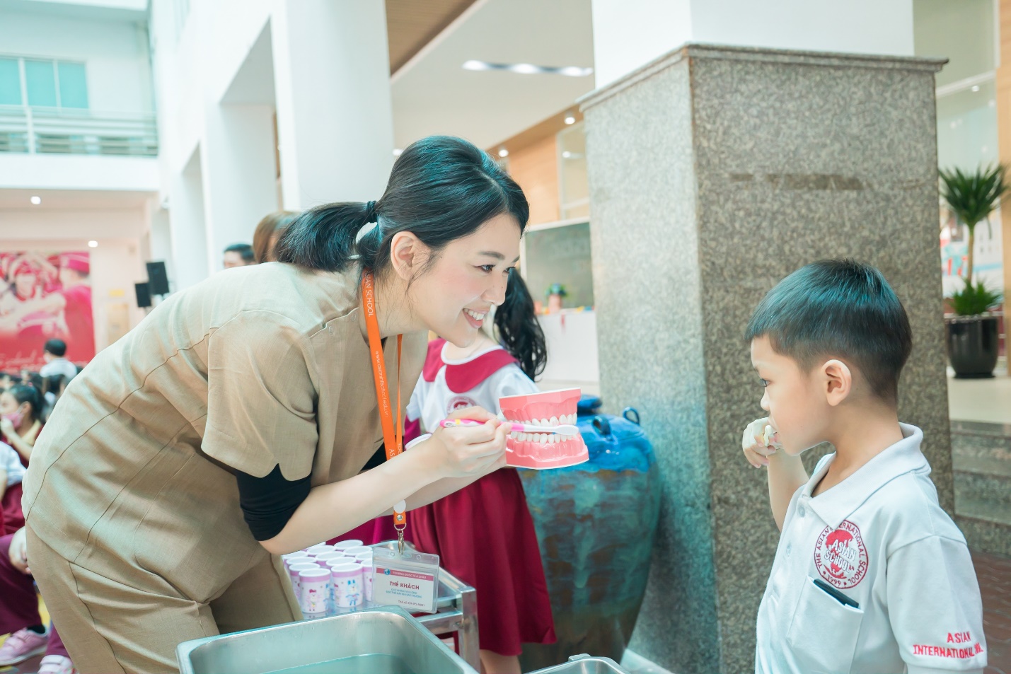 Practicing oral care skills with Japanese dentists